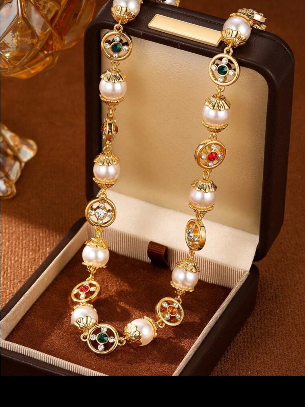 Gold Pearl Necklace with Multicolor Gem Accents